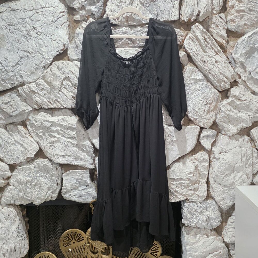 Torrid Smocked Chiffon Tunic Top Womens 0 L 12 Black Ruffle Beach Flowy New